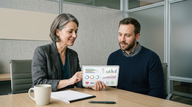 Addiction counselor and client reviewing wellness data on tablet