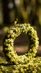 Obraz premium Yellow bird perched on flower wreath in sunlit forest