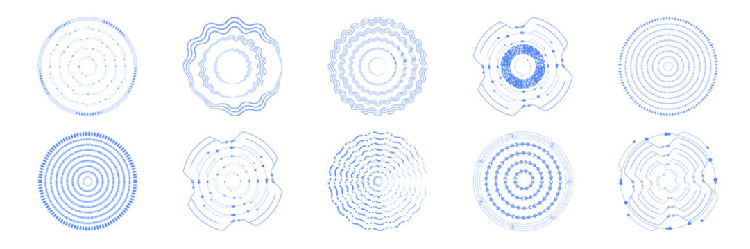Abstract circle ripples form a mesmerizing pattern with halftone texture, ideal for sonar graphics, target icons, or radial wave designs with geometric precision and depth.