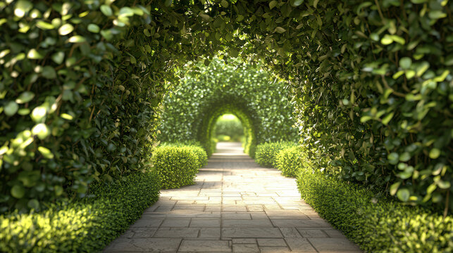 Lush green foliage arches gracefully over a serene stone pathway, creating a tunnel-like garden escape bathed in dd sunlight on a peaceful summer day.