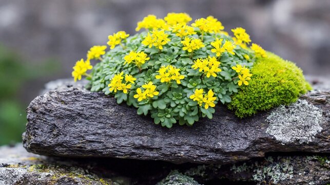 Yellow alpine flowers blooming on rocky ledge outdoors