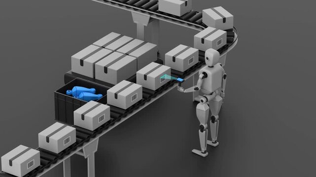 Humanoid robot scanning barcodes on boxes while they are moving on a conveyor belt, 3d render with alpha channel