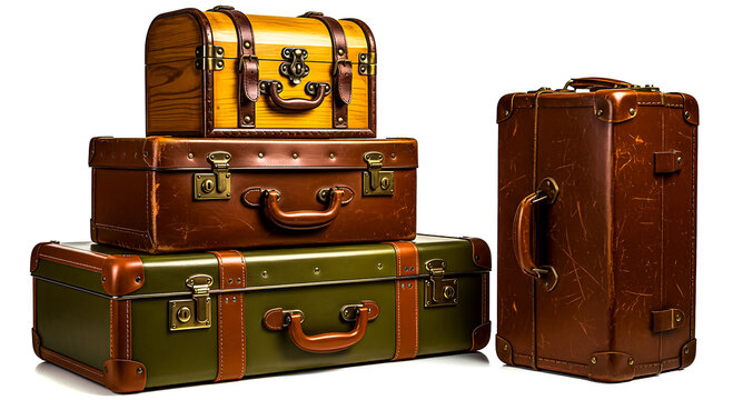 Stack of vintage leather suitcases and trunks on white background for travel or luggage concepts
