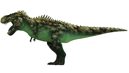 Fototapeta premium Ferocious green dinosaur in side profile view.