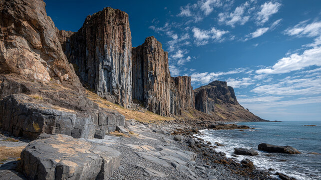 Majestic basalt columns rise above a rugged rocky coastline under a bright blue sky with scattered white clouds showcasing geological formations and ocean waves