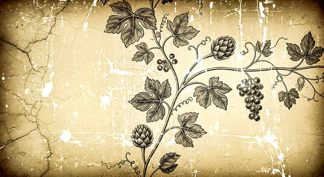 Vine with leaves and grapes on a distressed beige background with cracks and paint splatters