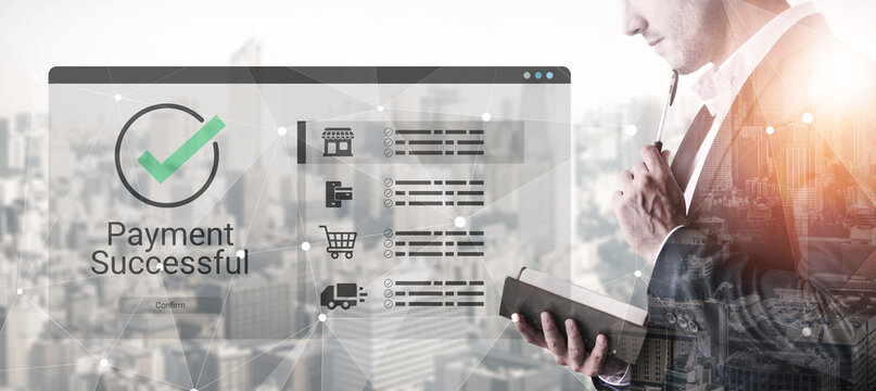 Businessman Reviewing Digital Payment Confirmation on Modern City Background, Emphasizing Success and Financial Transactions in the Digital Age Ledger.