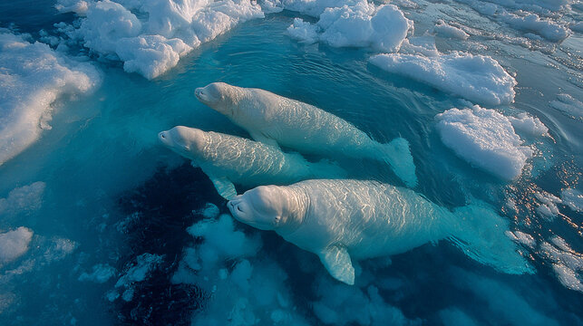 A pod of three white beluga whales swimming gracefully through clear turquoise arctic waters surrounded by floating ice floes under soft natural daylight