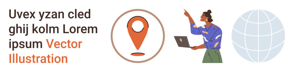Obraz premium Remote teamwork, digital technology, online learning, navigation, communication, global networks. Woman with a laptop gestures toward an idea. Remote teamwork and digital technology