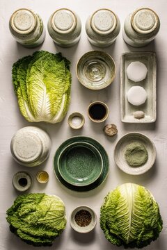 Kimchi fermentation setup with plain jars, ceramic weights, cabbage leaves and seasoning bowls organ