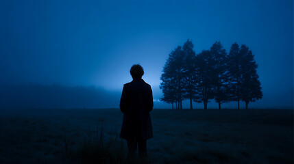 Fototapeta premium Solitary figure stands in vast, misty night landscape, looking towards distant trees under a glow of mysterious blue light