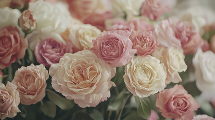 Obraz premium A delicate array of pink, peach, and cream colored roses are arranged closely together, creating a soft and romantic floral display with gentle elegance.