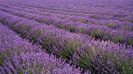 Obraz premium Beautiful purple lavender fields stretch in neat rows under daylight.