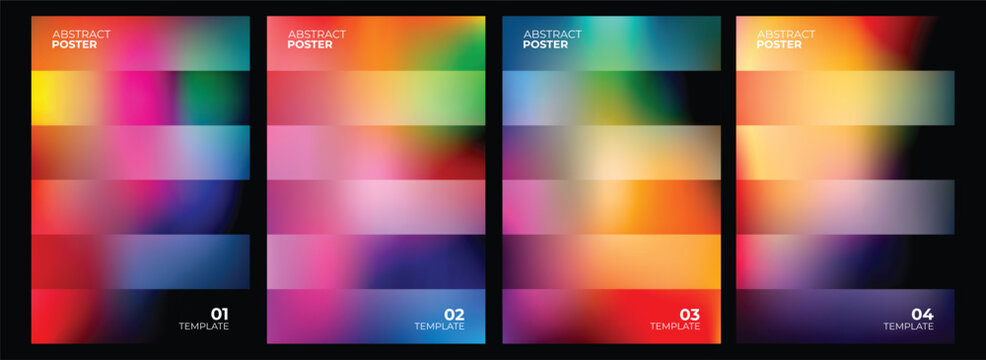 Set of abstract posters with vibrant gradient color stripes and blurred background