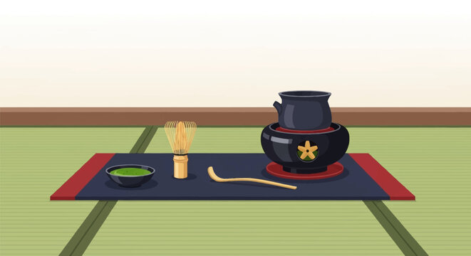Vector illustration of a traditional Japanese tea ceremony set with a matcha bowl, bamboo whisk, wooden scoop, and black iron kettle on a brazier over green tatami mat flooring.