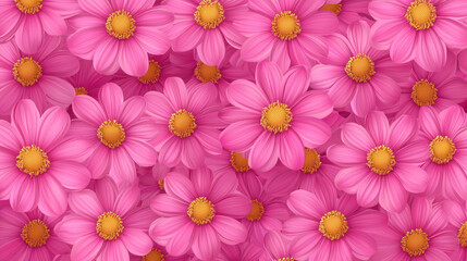 Fototapeta premium A visually appealing wallpaper featu numerous vibrant pink daisy flowers with bright yellow centers creating a dense floral pattern and a cheerful atmosphere.
