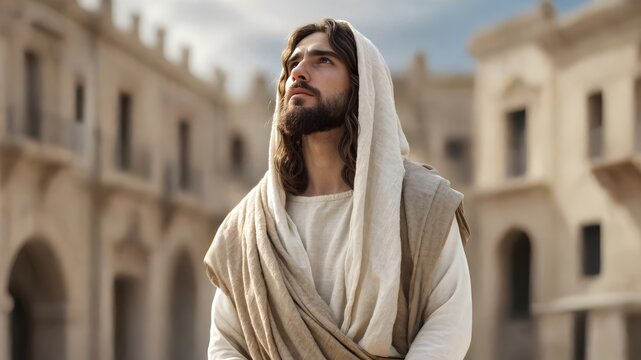 A serene image of Jesus with long hair and beard, a gentle and warm face with a sharp and calming gaze.