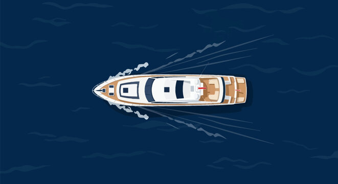 Top-down aerial view vector illustration of a white luxury motor yacht cruising on dark blue ocean water with white foam wake trails, teak wood deck, and modern ship design.