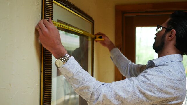 A Man Measures a Large Picture with Tape Measure - Angle 2