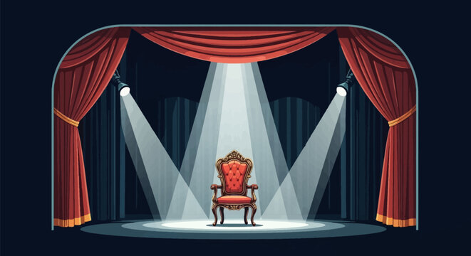 Vintage theater stage featuring an ornate red velvet chair in the center, illuminated by three spotlights under red drapes with gold trim on a dark background vector illustration.