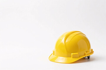 Fototapeta premium A bright yellow construction hard hat with glossy surface, reinforced ridges, brim, and adjustable strap rests on a plain white background.
