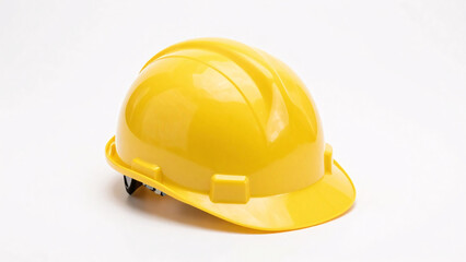 Fototapeta premium A bright yellow construction hard hat with glossy surface, reinforced ridges, brim, and adjustable strap rests on a plain white background.