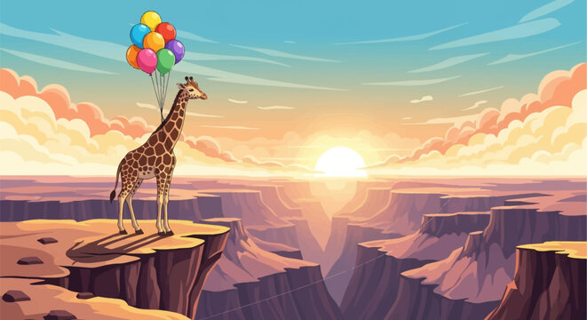 A vector illustration of a tall giraffe tethered to colorful balloons standing on a rocky cliff edge overlooking a deep canyon valley during a bright sunset with soft clouds.