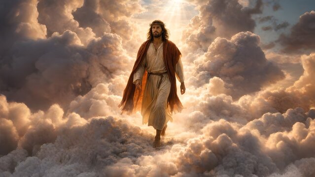 A serene image of Jesus walking through the clouds, bathed in golden light. He is dressed in flowing robes. He steps upward as if guiding souls to a higher realm