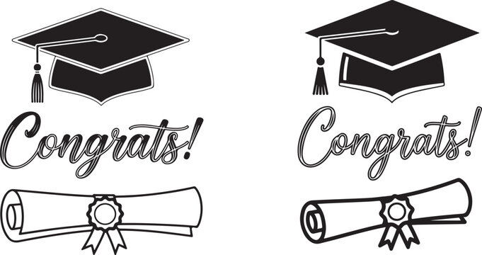 Black and white illustration of a graduation cap and diploma with congratulatory message on isolated white background