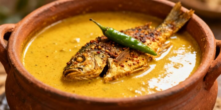 Kerala Fish Molee in Rustic Clay Pot with Coconut Milk Curry on Banana Leaf