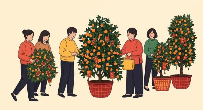 Illustration of Vietnamese people selecting and carrying kumquat trees decorated with red lucky envelopes for the Lunar New Year Tet festival celebration, flat vector style.