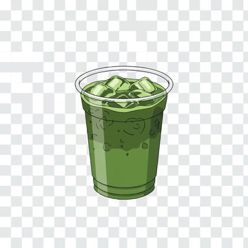 Vector illustration of a cold iced matcha green tea latte in a clear plastic disposable takeaway cup with square ice cubes, isolated on a transparent grid background for design.