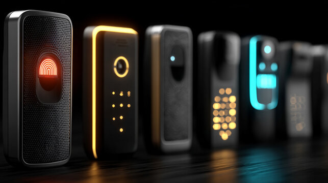 Futuristic biometric security devices line up with glowing fingerprint scanner digital keypad and illuminated led lights representing advanced technology and personal data
