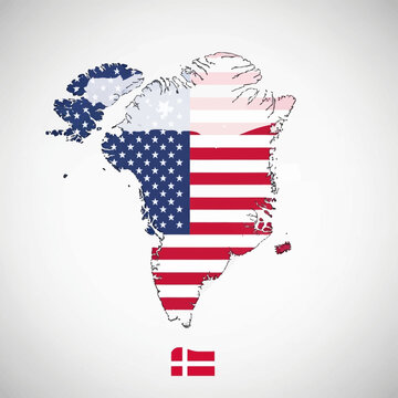 Detailed silhouette map of Greenland island territory overlayed with the United States of America flag stars and stripes pattern, with a small flag of Denmark positioned below.