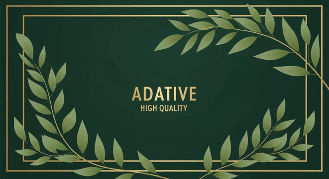 Dark green botanical background featuring a double gold line rectangular border frame and green leafy branches in the corners with gold text centered on a textured deep green field.