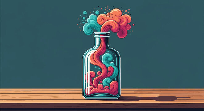 Stylized vector illustration of a clear glass bottle on a wooden shelf with vibrant teal and orange swirling vapor clouds emerging from the neck against a dark teal background.