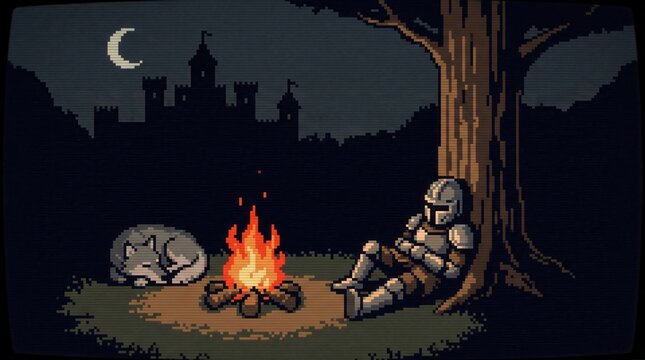 Retro pixel art scene of armored knight resting against tree by glowing campfire with sleeping wolf, dark fantasy castle background, moonlit night mood.