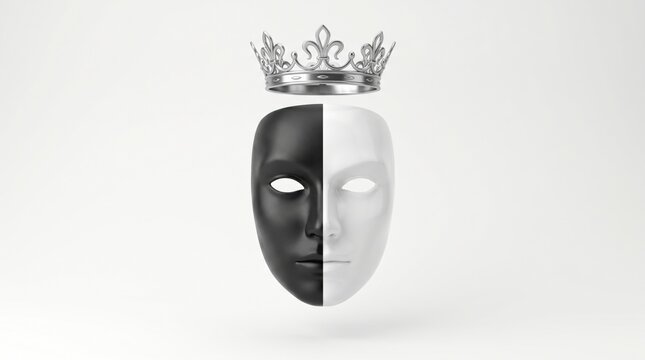 Dramatic split-face mask divided into black and white halves topped with a silver crown, symbolizing duality, contrast, and hidden identity on clean white background.