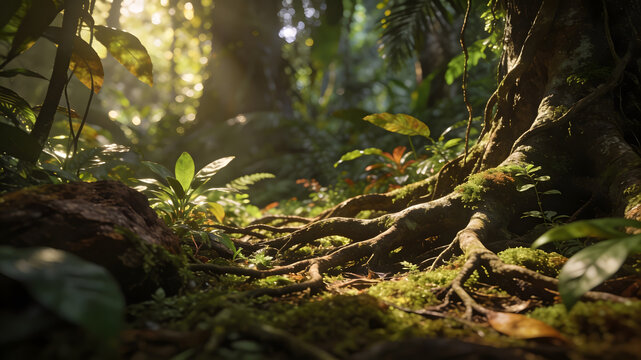 A captivating scene of a rainforest floor bathed in sunlight, perfect for illustrating themes of nature, growth, and environmental conservation. Ideal