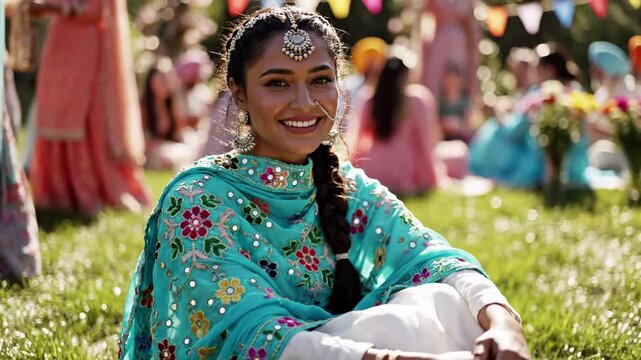 Young woman wearing traditional colorful embroidered salwar kameez and jewelry, sitting on grass at an outdoor gathering, smiling gently with eyes closed, festive atmosphere