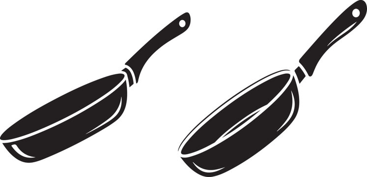 Black silhouette of a frying pan on a white background, isolated kitchen utensil.
