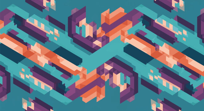 Abstract isometric geometric pattern with interlocking 3D blocks in teal, purple, and coral orange. Symmetrical modular design with rectangular shapes and architectural diagonal lines.