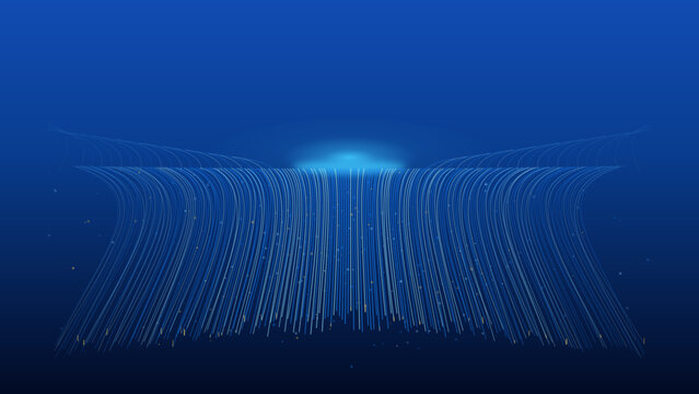 A multitude of bright digital data streams descend from a luminous central cloud, symbolizing seamless cloud-based information delivery and processing.