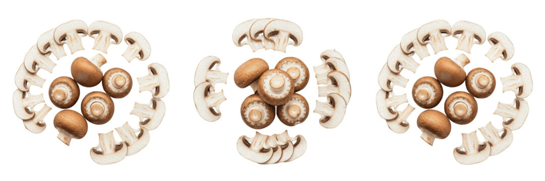 Fresh White Button Mushroom Slices Isolated on Transparent Background, Edible Agaricus Fungi PNG for Pizza and Salad Graphic Design.