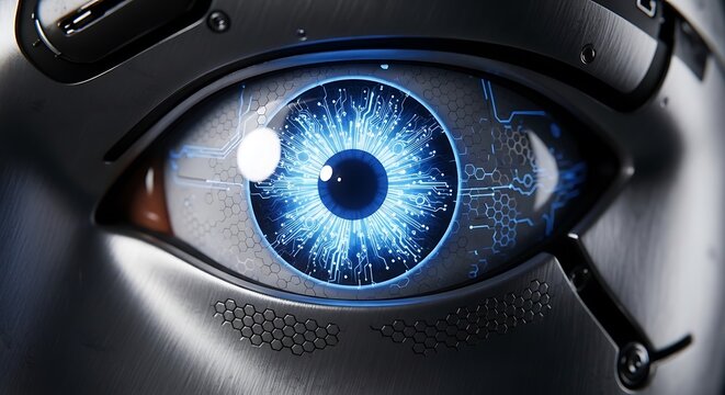 A robotic eye with blue iris and circuitry gazes forward from metallic face