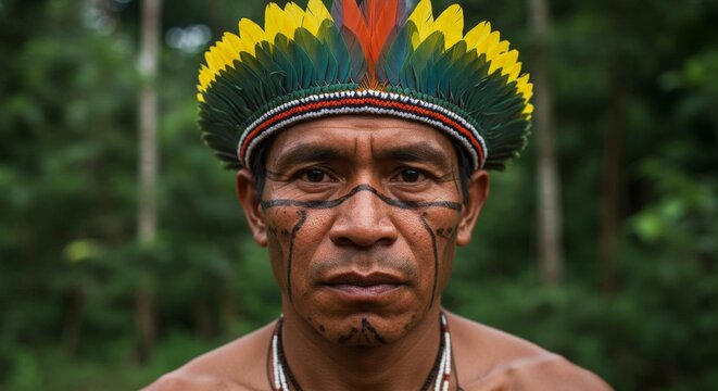 Portrait of indigenous man with traditional face paint and feather headdress in tropical forest, cultural identity concept