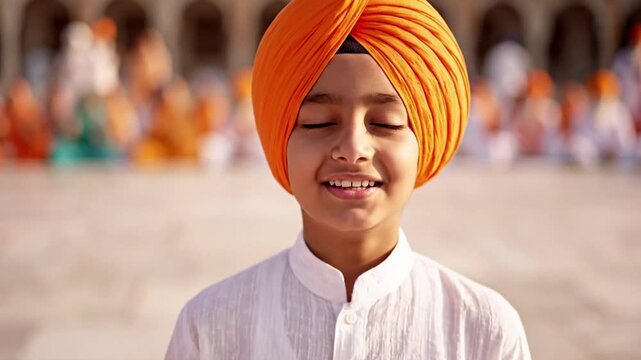 Young sikh boy with orange turban and white kurta smiles and puts his hands together in prayer or greeting, with blurred people in the background at a temple