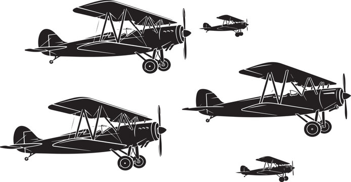Black silhouette of a vintage biplane airplane on white background
