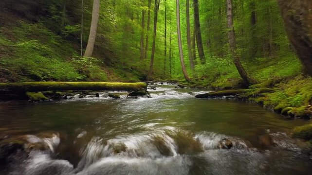 Lush forest stream flows through vibrant green woodland, peaceful nature scene.