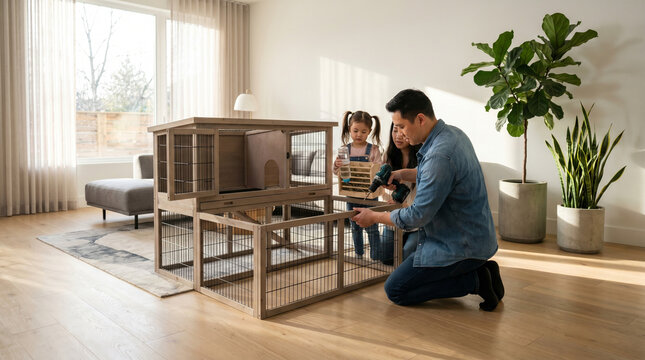 Attentive family assembling spacious indoor rabbit hutch with multiple levels in sunlit living room during spring weekend, father securing w 3